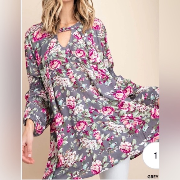 Umgee Size M Long Sleeves Trapeze Swing Dress Gray and Pink Keyhole Neck Floral - Picture 1 of 8